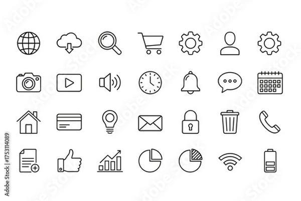 Obraz Comprehensive Website and Web Icon Set Vector Collection with Search, Shopping Cart, Home, Lock, WiFi, Battery, Chat, Calendar, Camera, Graph, Mail, Phone, Settings, and More for Digital Design