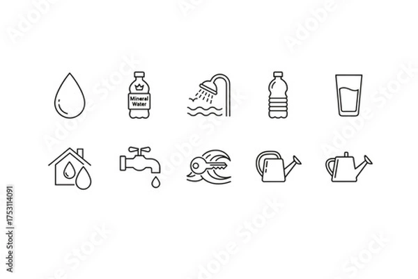 Obraz Water icons set with mineral water bottle, dripping tap, home water concept, showerhead, glass of water, and watering cans line art collection for real estate and hydration