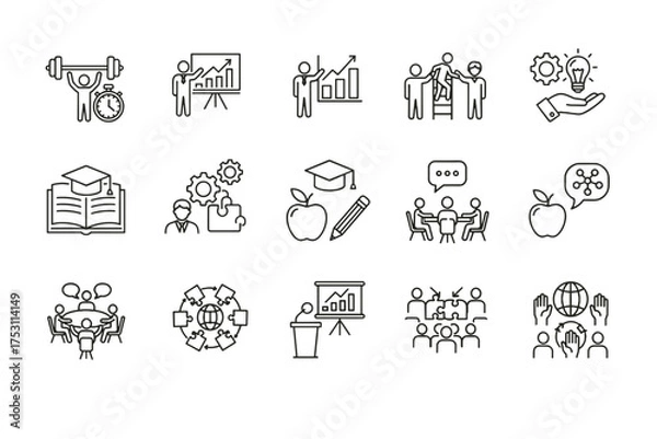 Obraz Minimalist line icons set for training, education, business growth, teamwork, strategy, and innovation concepts, including presentation, coaching, mentoring, collaboration, and learning symbols
