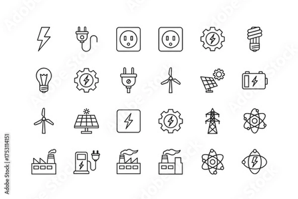 Obraz Set of Energy and Power Line Icons, Electrical Symbols, Renewable Energy, Solar Panel, Wind Turbine, Battery, Electric Plug, Light Bulbs, Factory, Atom Model, Energy Gear Concept