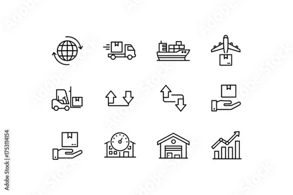 Obraz Set of line icons related to distribution, logistics, international shipping, delivery service, warehouse management, transport, supply chain, cargo handling, freight, and fast shipping symbols