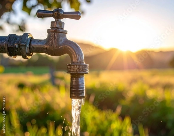 Obraz 屋外にある水道の蛇口から出る水