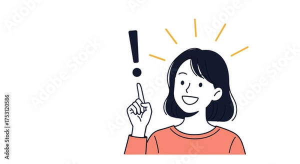 Fototapeta A woman pointing her finger up with an exclamation mark above her head indicating an idea or insight.