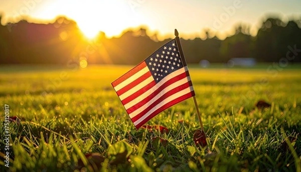 Obraz American flag planted in grassy field at sunrise with warm golden light and sun flares creating a patriotic and hopeful atmosphere