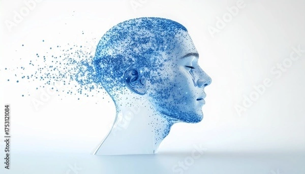Obraz Futuristic 3D render of a transparent glass head dissolving into blue particles, symbolizing digital transformation, AI, technology, and mental clarity. Clean minimalist style.