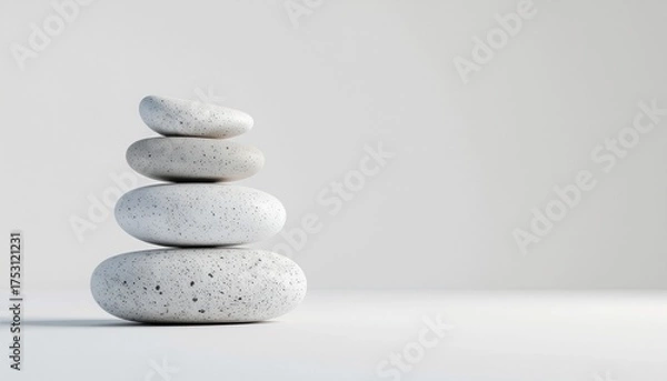 Obraz 3D render of stacked smooth stones arranged in balance on a clean white background, symbolizing meditation, stability, harmony, and inner peace. Perfect for wellness and spa concepts.
