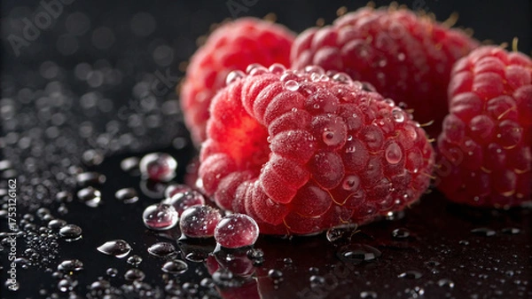Fototapeta Vivid Red Raspberry Cluster with Water Droplets on Black Background