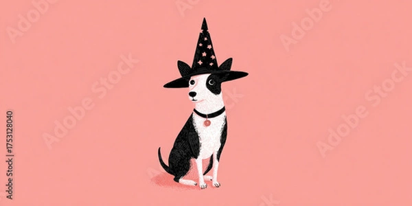 Fototapeta Whimsical illustration of dog wearing witch hat, set against pink background, evokes playful and magical atmosphere