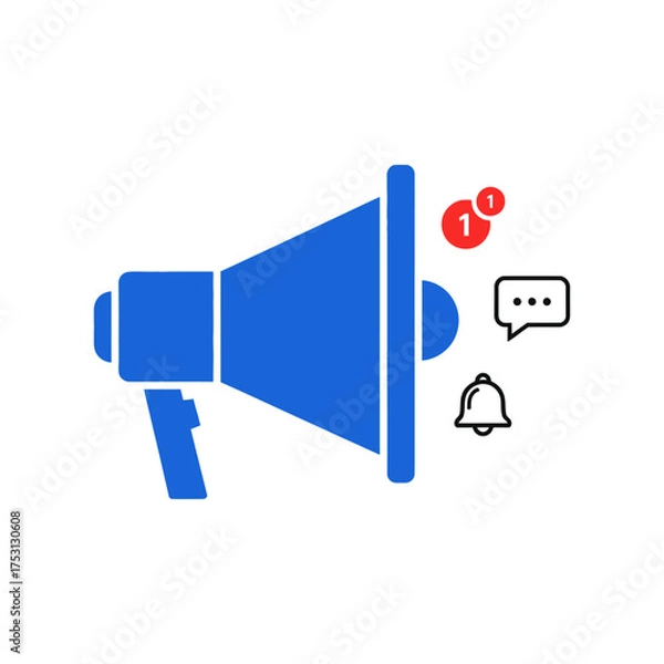 Fototapeta Blue Megaphone with Notification Icons for Announcements and Marketing.