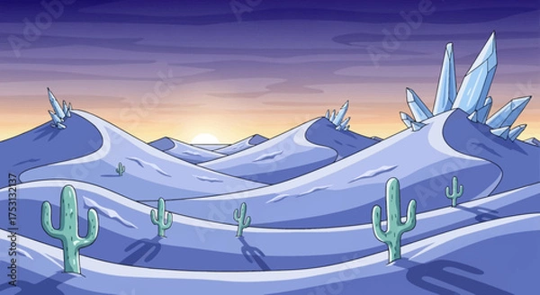 Fototapeta Cactus plants in a desert landscape with large crystal formations.