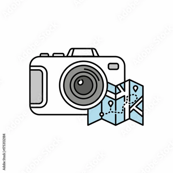 Fototapeta Camera and Map Icon for Travel Photography and Exploration.