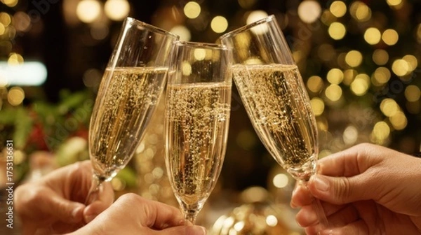 Fototapeta Festive Celebration Toast with Sparkling Wine Glasses and Holiday Lights Background, Capturing Joy and Togetherness