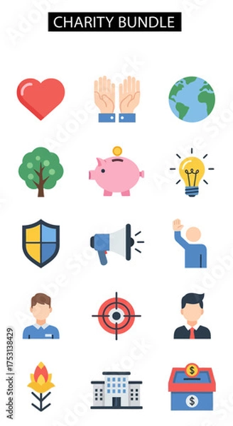 Fototapeta Charity and Donation Icons Bundle - Heart, Hands, Globe, Tree, Piggy Bank, Light Bulb.