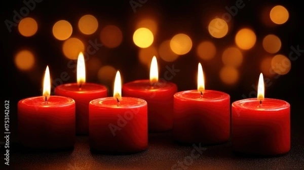 Fototapeta Festive Red Candles Glowing with Warm Light Against a Bokeh Background, Perfect for Holiday and Winter Themes