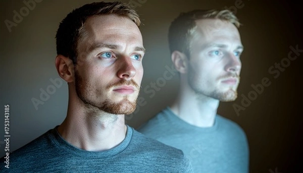 Obraz Portrait of a man looking forward with reflection beside him, symbolizing introspection, dual identity, and emotional depth. Minimalist composition with soft lighting and artistic tone.