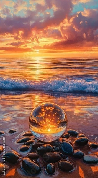 Obraz A crystal ball on the beach, with pebbles and waves in front of it