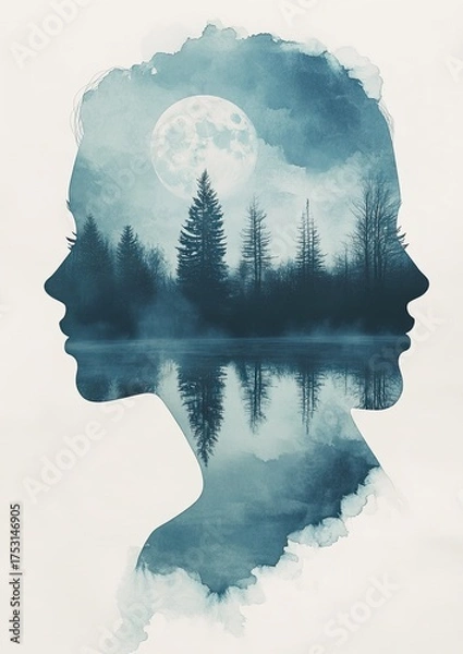 Fototapeta A double exposure illustration of a girl and a lake with trees in the background on white paper