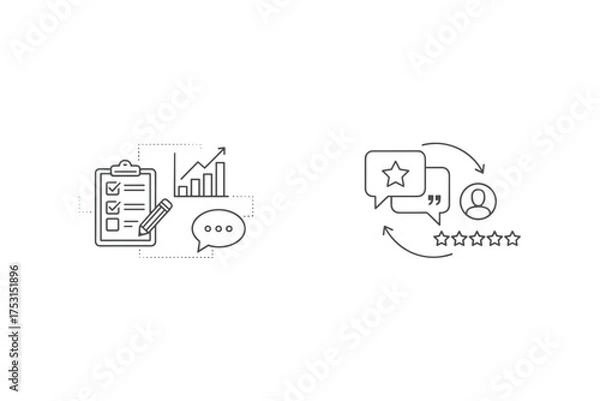 Obraz Survey and Testimonial Line Icons, Checklist and Feedback Symbols, Customer Review Stars, Communication and Data Analytics, User Experience, Rating and Comment Design