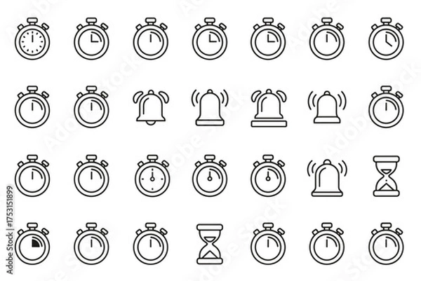 Obraz Stopwatch and timer icons set, outline style digital timing symbols, alarm bell, hourglass, countdown and stopwatch vector collection for time management, deadline concepts