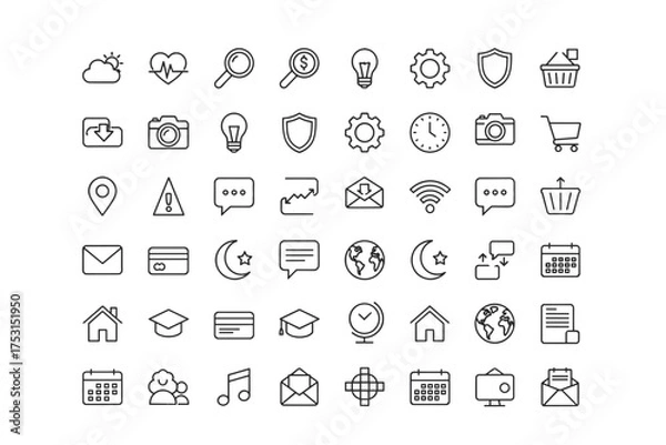 Fototapeta Vector icons set thin line minimal style, simple stylish linear design collection for UI, web, app interface, technology, commerce, communication, education