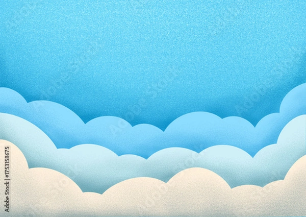 Fototapeta Soft Textured Blue Sky with Layered Fluffy Paper-Cut Clouds Illustration.