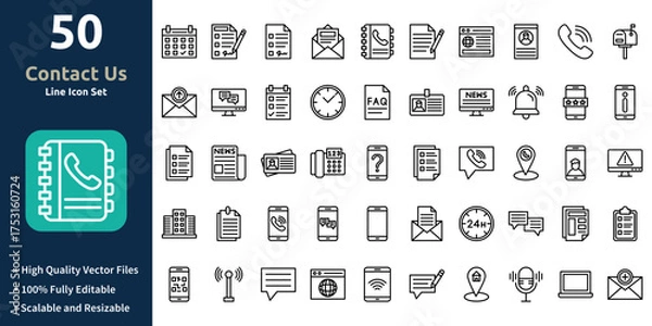 Fototapeta Contact us icon set in Outline style. Minimilist and trendy Icon set. Containing Icons,Schedule,Signature,Contract form,Email,and so on.