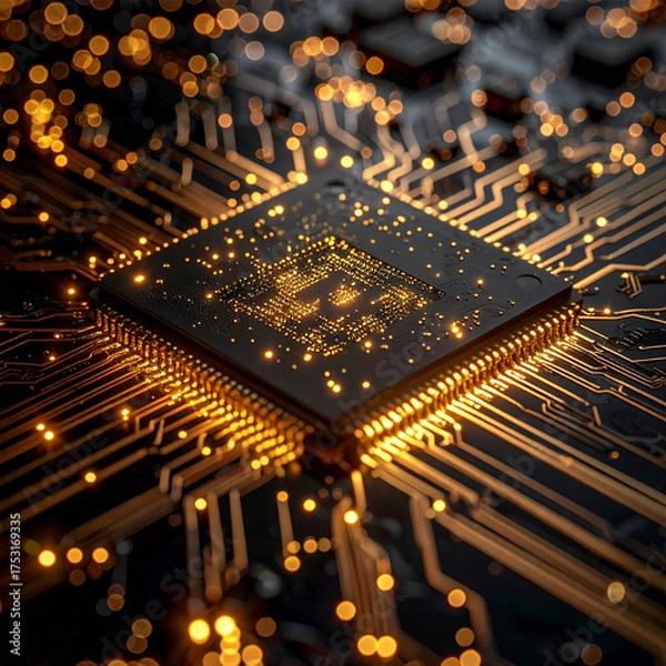 Fototapeta Glowing Golden Processor Chip