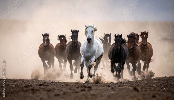 Fototapeta A photograph captures a herd of wild horses, led by a striking white stallion, galloping across a dusty, barren landscape. The background is blurred, emphasizing the horses' movement. The stallion, wi