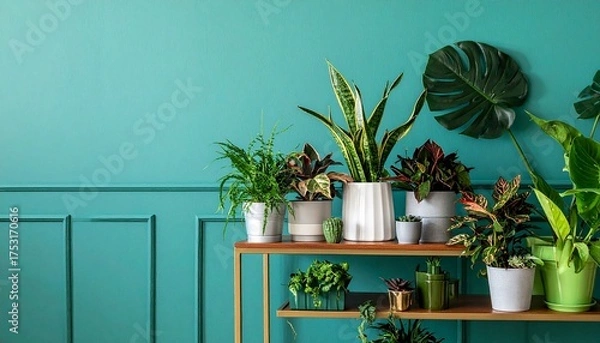 Fototapeta Photograph of a vibrant indoor plant arrangement. A wooden shelf with two tiers holds various potted plants, including monstera, snake plants, and ferns, against a teal wall with wainscoting. The plan