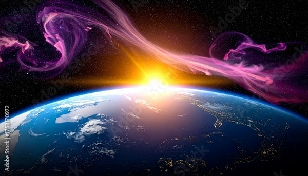 Fototapeta This CGI image depicts Earth from space, with a vivid depiction of a sunrise over the ocean. The sun is a brilliant, fiery orange at the horizon, casting a warm glow over the blue oceans and white clo