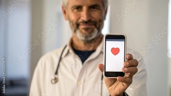Obraz Doctor displaying a heart symbol on a smartphone, promoting health and well-being.