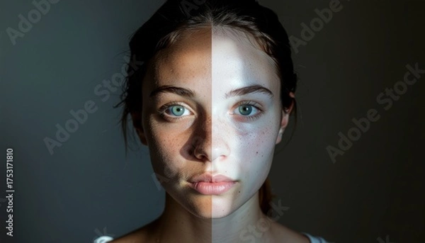 Obraz Creative portrait of a woman with split lighting showing duality between light and dark sides, representing inner conflict, dual nature, and emotional balance. Perfect for conceptual art themes.