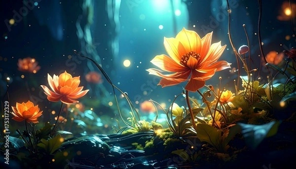 Fototapeta This digital artwork depicts a mystical forest at twilight. The scene is bathed in ethereal blue light, with glowing, luminescent orange flowers scattered throughout lush, dark green foliage. The back