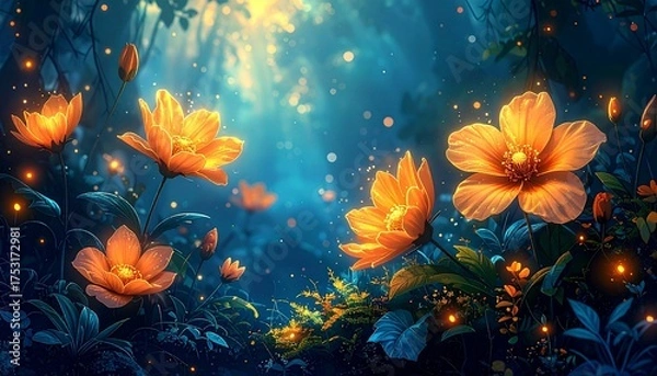 Fototapeta This digital artwork depicts a mystical forest at twilight. The scene is bathed in ethereal blue light, with glowing, luminescent orange flowers scattered throughout lush, dark green foliage. The back