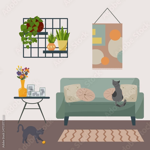 Obraz A cozy living room interior. A room with a sofa, plants, and decor. A coffee table with a vase and framed photographs. A shelf with flowers. A decorative wall panel. A home living concept. Vector