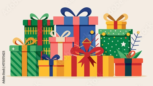 Fototapeta Colorful stack of wrapped gift boxes with ribbons and bows