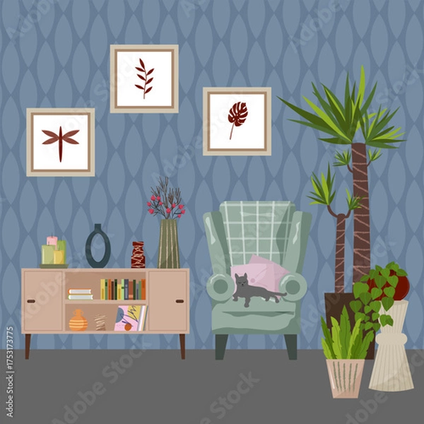 Obraz Living room interior. A cat sleeps in a large armchair. Houseplants and paintings hang on the wall. Cozy interior elements include a vase of flowers, figurines, candles, and books. Interior design for