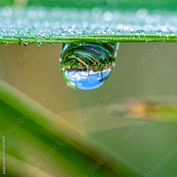 Fototapeta Dew Drop Macro Reflection on Green Leaf