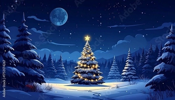 Fototapeta This is a digital illustration of a serene winter night scene. A glowing Christmas tree, adorned with warm yellow lights, stands prominently in the center, surrounded by snow-covered pine trees. The s