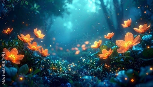 Fototapeta This digital artwork depicts a mystical forest at twilight. The scene is bathed in ethereal blue light, with glowing, luminescent orange flowers scattered throughout lush, dark green foliage. The back