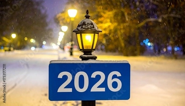 Fototapeta This photograph captures a snowy street scene at night, with a focus on a blue sign reading "2026" in white. The sign is topped with an ornate, black, vintage-style lamppost emitting a warm yellow lig