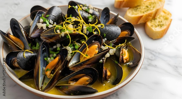 Obraz A delicious bowl of steamed mussels in garlic butter sauce.