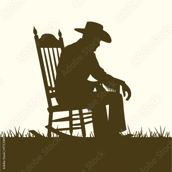 Fototapeta Vector silhouette of a man in a cowboy hat relaxing in a rocking chair, a quiet moment of reflection