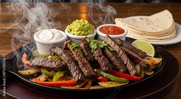 Fototapeta Sizzling steak fajitas with guacamole salsa and tortillas
