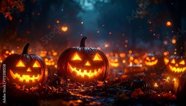 Fototapeta Photograph of a spooky, dark forest at night with glowing jack-o'-lanterns scattered along a path. The pumpkins have carved triangular eyes and jagged, toothy grins, emitting a warm, eerie orange ligh