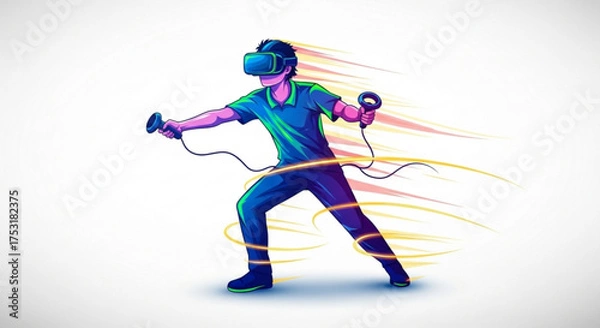 Fototapeta Virtual reality gaming experience man with vr headset and controllers motion blur vector illustration