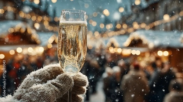 Fototapeta Festive and magical photograph of a gloved hand holding a flute of sparkling champagne, with a beautifully blurred winter market in the background.