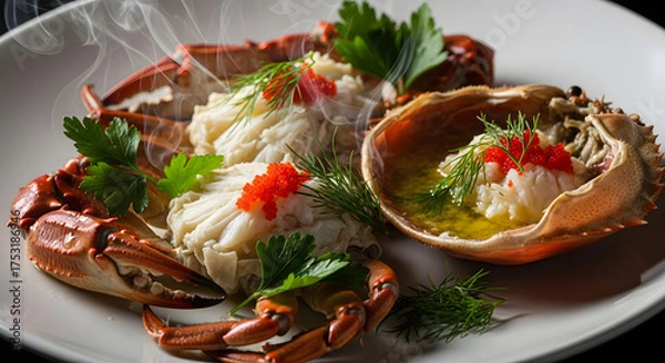 Obraz Delicious crab dish with fresh herbs and vibrant garnishes on plate.