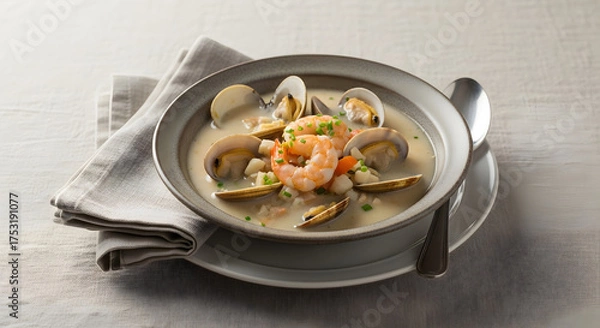 Obraz A delicious bowl of creamy seafood chowder with shrimp and clams.