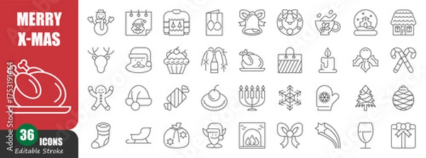 Fototapeta Christmas thin line icon . Editable stroke . Vector . Set 5 of 5 .